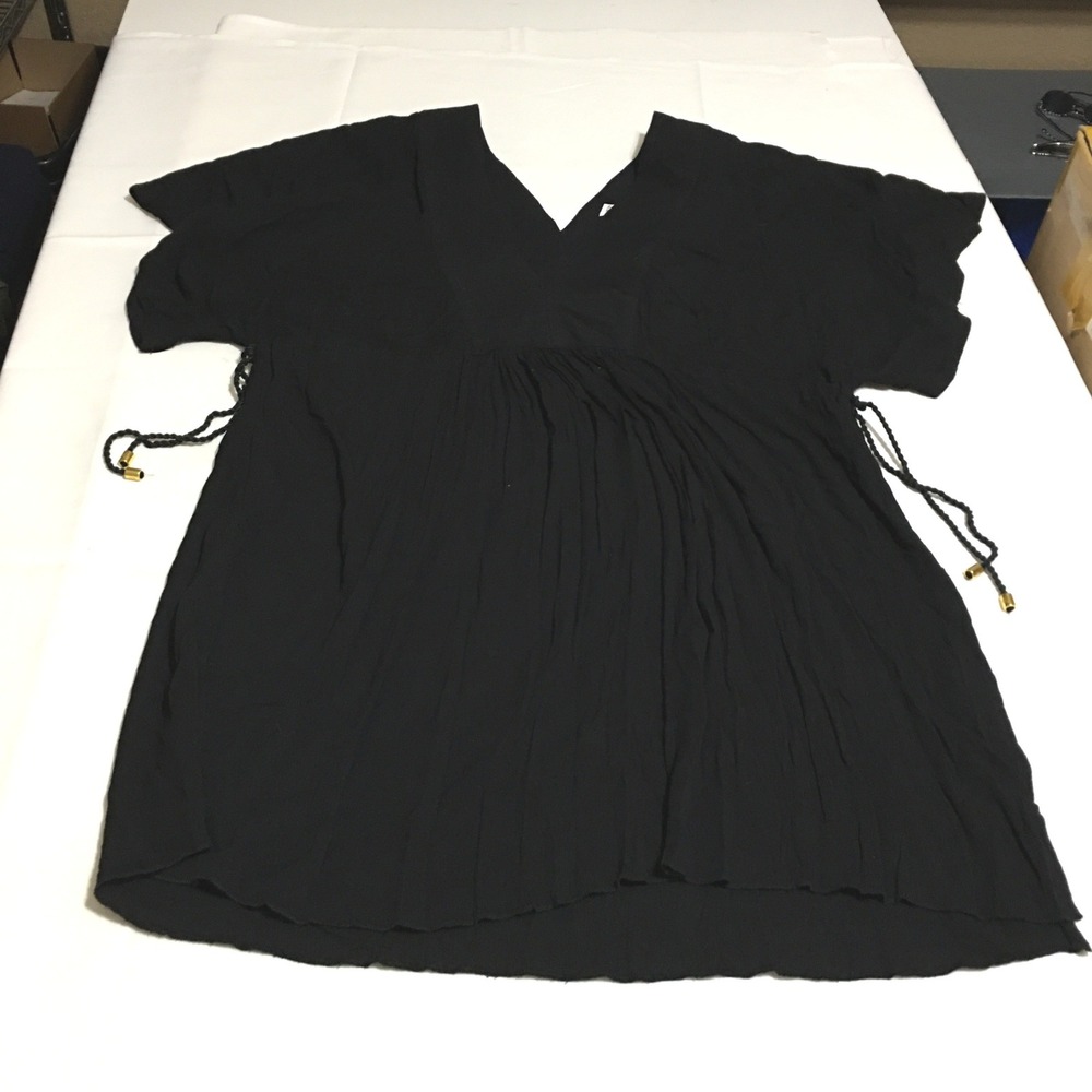 Lauren Ralph Lauren Crinkle Cover-Up Tunic Dress Medium Black Side Ties